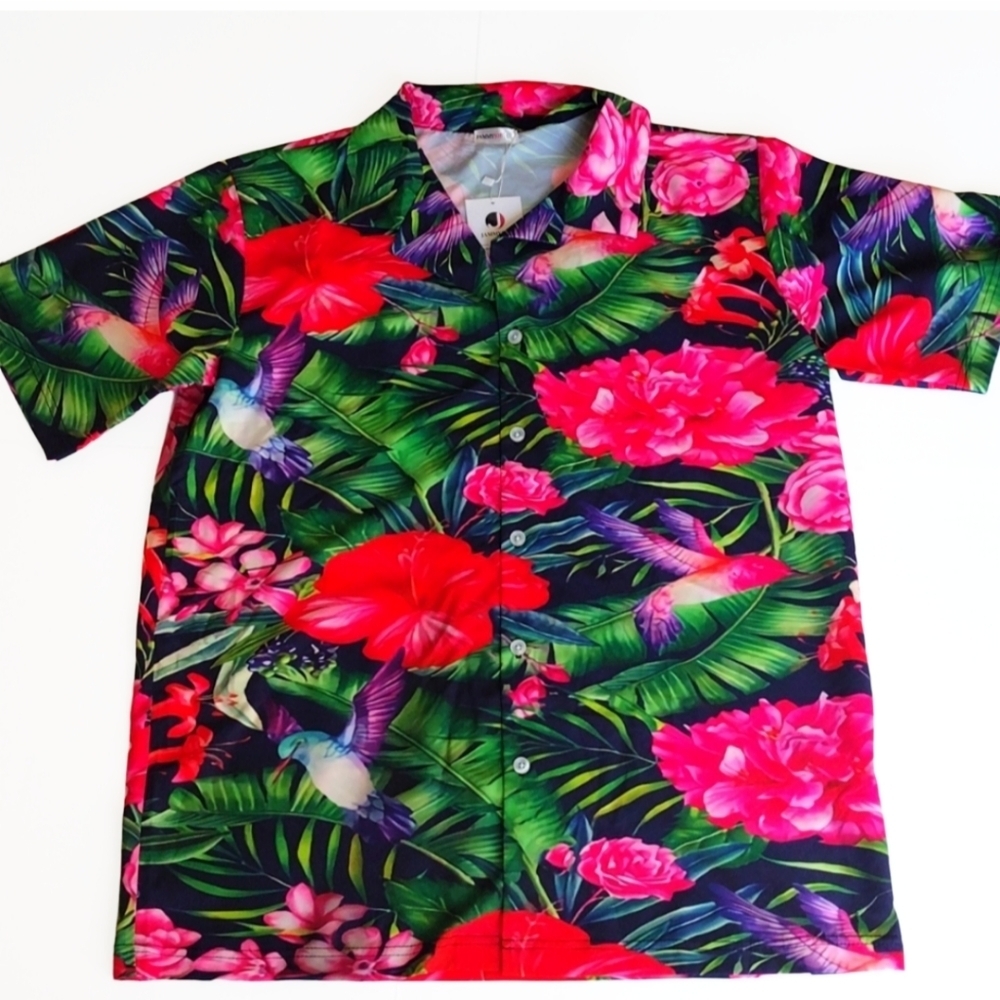JimmyJob Button Up Shirt Man L Black‎ Floral Tropical Short Sleeves Soft Cruise